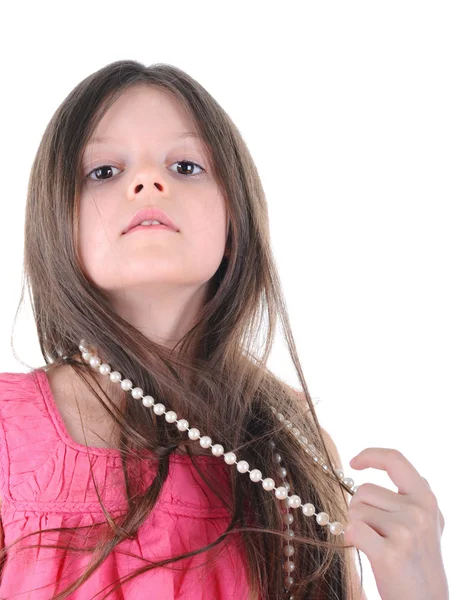 一个女孩戴的珍珠项链 — 图库照片