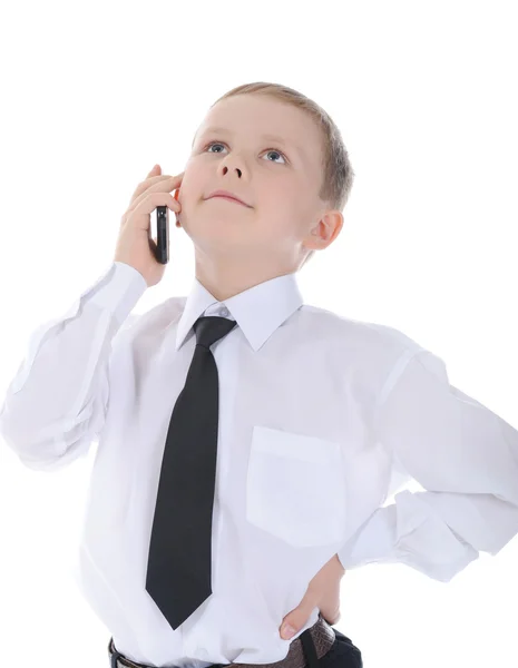 携帯電話で話している小さいビジネスマン. — ストック写真