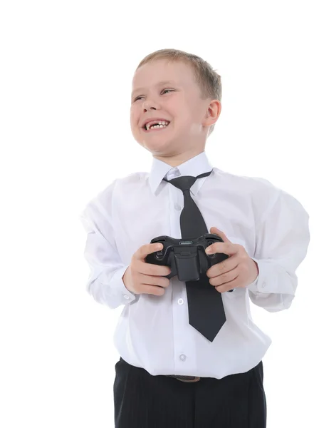 Joyful boy with a joystick — Stockfoto