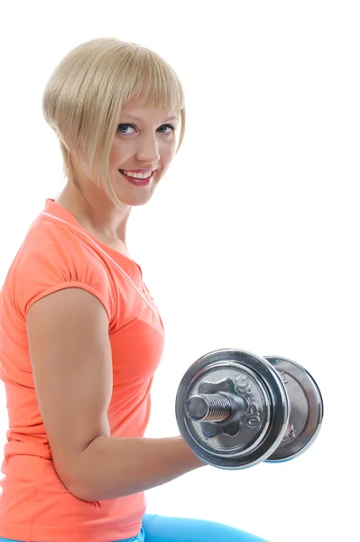 Young girl athlete dumbbell. — Stockfoto