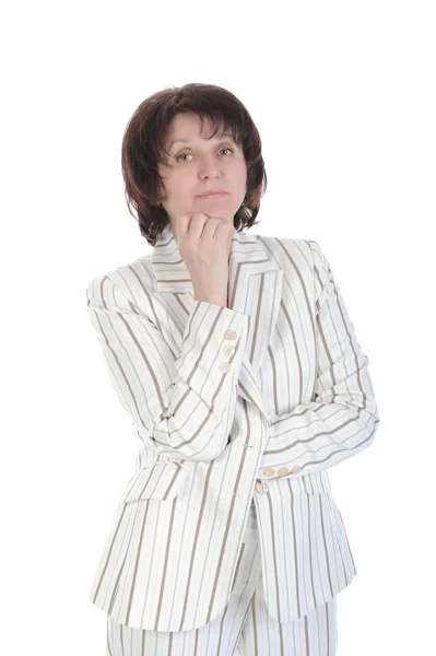 Женщина в белом костюме с полосками — стоковое фото