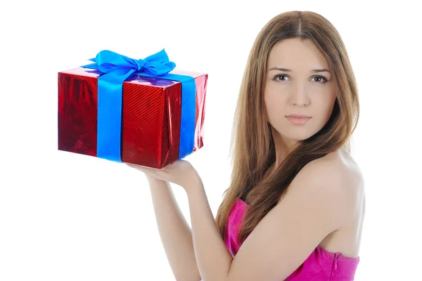 Charming brunette with a gift. — Stock Photo, Image