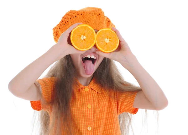 Jente i oransje – stockfoto