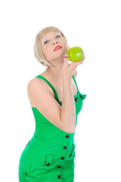 Gyönyörű lány zöld almával — Stock Fotó