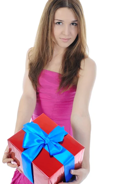 Portrait of a young woman with a gift — Stock Photo, Image