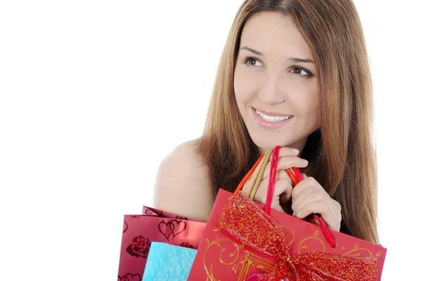 Urocza brunetka z torbą na zakupy — Zdjęcie stockowe