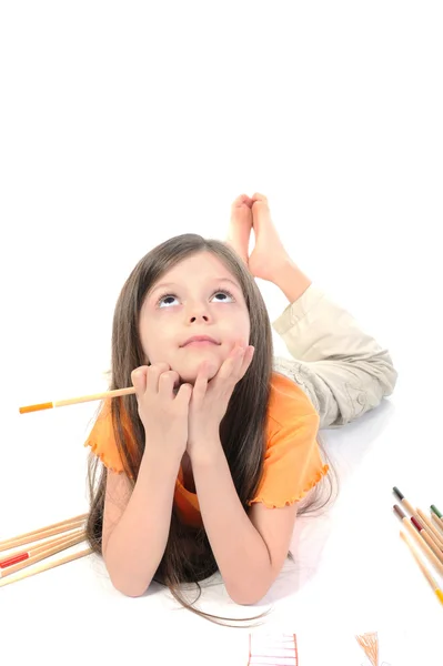 Ceruzával a kezében hosszú hajú lány. — Stock Fotó