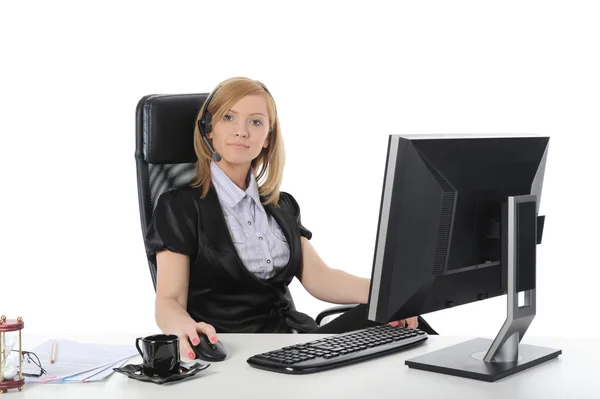 Rapariga a telefonista do escritório. Isolado sobre fundo branco — Fotografia de Stock