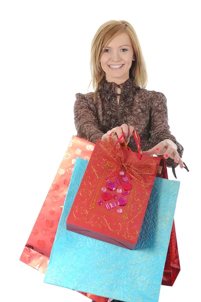 Uśmiechnięta kobieta z torbami na zakupy. — Zdjęcie stockowe