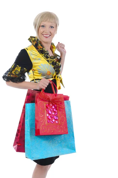 Beautiful blonde with bags. — Stock Photo, Image