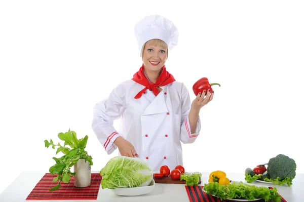 Chef com pimenta vermelha na mão . — Fotografia de Stock