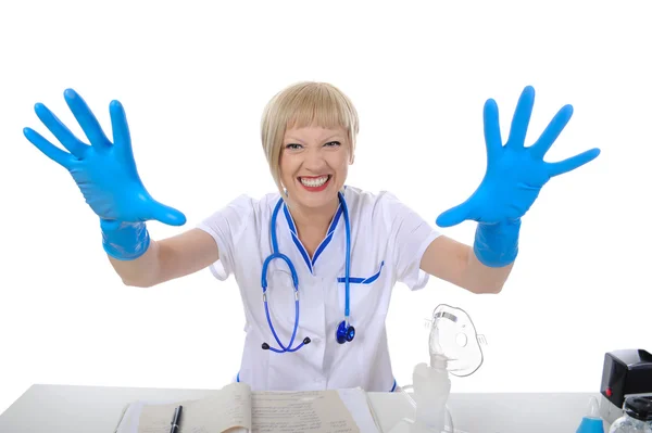 Doctor in de blauwe handschoenen. — Stockfoto