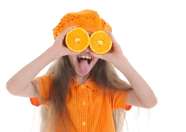 Menina com laranjas mostra linguagem — Fotografia de Stock