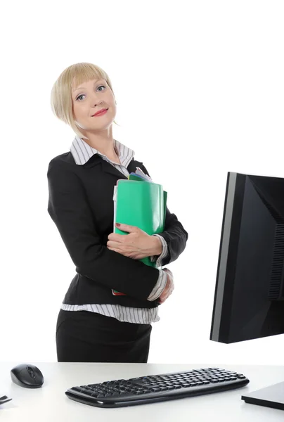 Woman in office with documents in hand. — Stock Photo, Image