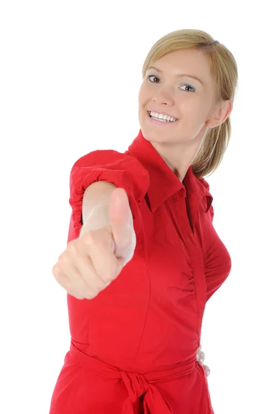 Усміхнена дівчина в червоному з великим пальцем вгору — стокове фото