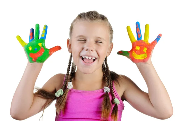 Lachende meisje met de handpalmen geschilderd door een verf. — Stockfoto