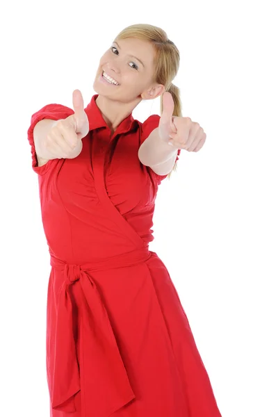 Meisje in rood met duim omhoog — Stockfoto