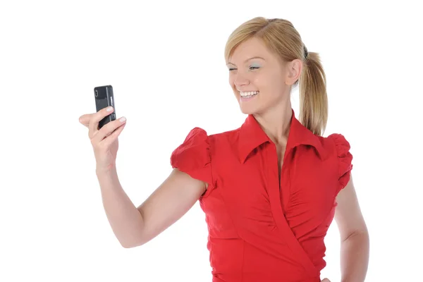 Young woman takes a picture to your phone — Stock Photo, Image