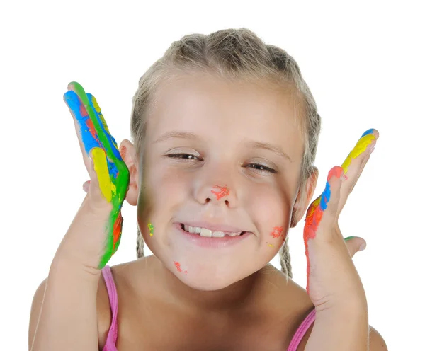 Glückliches Mädchen mit den von einer Farbe bemalten Handflächen — Stockfoto