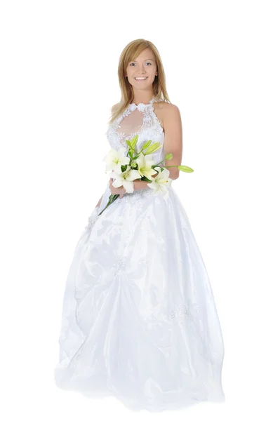 Happy bride with a bouquet of lilies — Stock Photo, Image