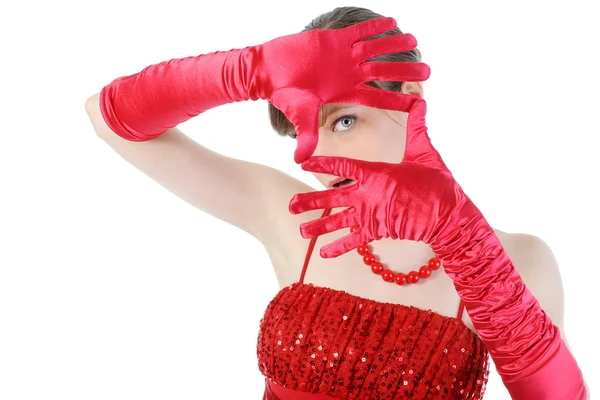 Mladá žena v červené rukavice — Stock fotografie