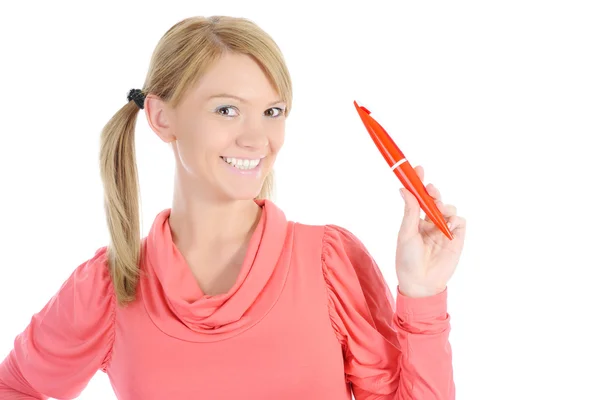 Красивая женщина с ручкой в руке — стоковое фото