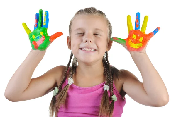 Meisje met de handpalmen geschilderd door een verf. — Stockfoto