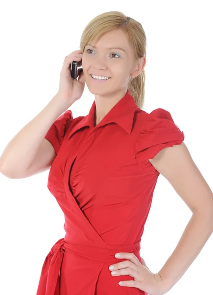 Γυναίκα με κόκκινο χρώμα με ένα τηλέφωνο — Φωτογραφία Αρχείου