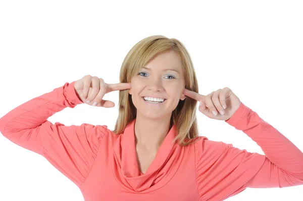 Ung kvinna med fingrarna i öronen — Stockfoto