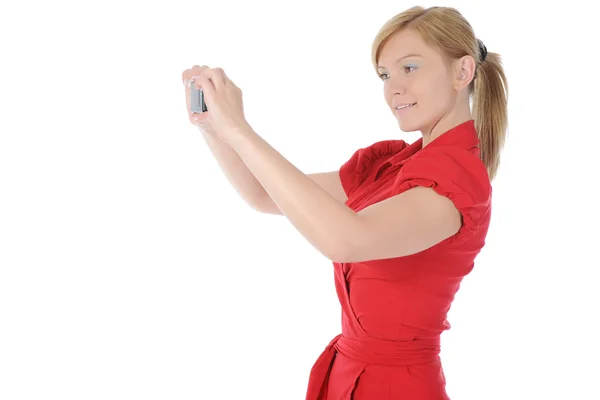 Woman takes a picture to your phone — Stock Photo, Image