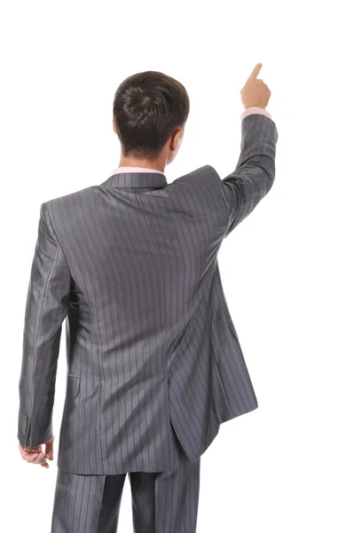 Empresário aponta dedo para cima — Fotografia de Stock