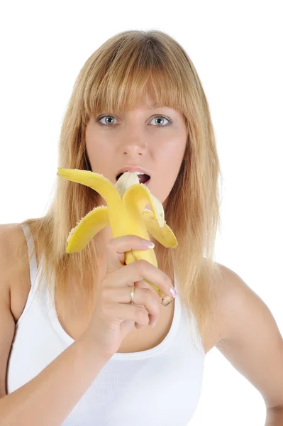 金发女孩用一根香蕉. — 图库照片