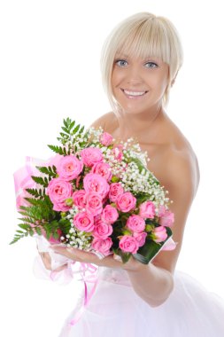 Happy bride with a bouquet clipart