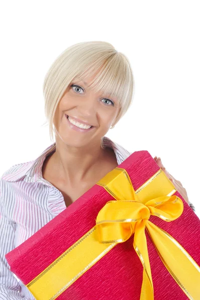 Blonde with a gift — Stock Photo, Image
