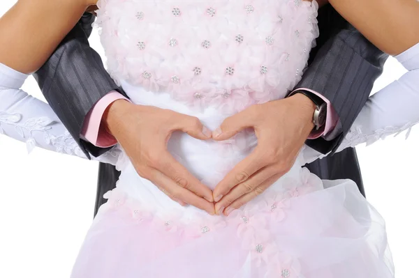 Brudgummen göra hjärtat fingrar — Stockfoto