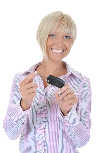 Mulher segura a chave do carro — Fotografia de Stock