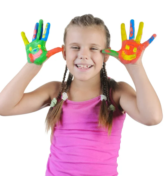 Menina com as palmas das mãos pintadas por uma pintura . — Fotografia de Stock