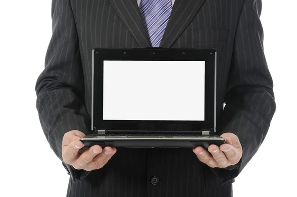 Επιχειρηματίας που κατέχουν ένα ανοιχτό laptop — Φωτογραφία Αρχείου