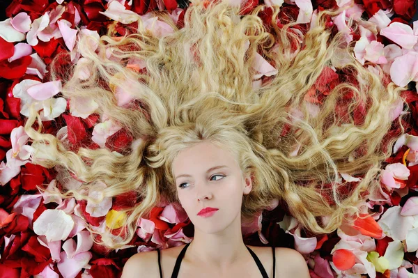 Красивая блондинка в лепестках роз — стоковое фото