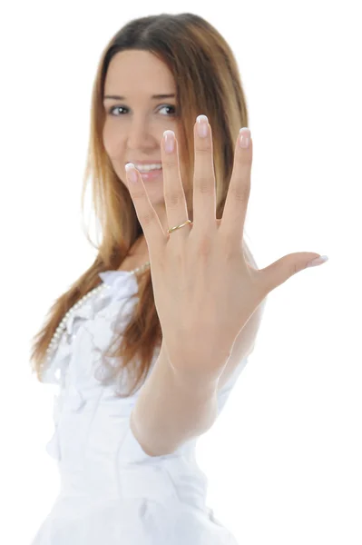 Νύφη δείχνει δαχτυλίδι. — Φωτογραφία Αρχείου