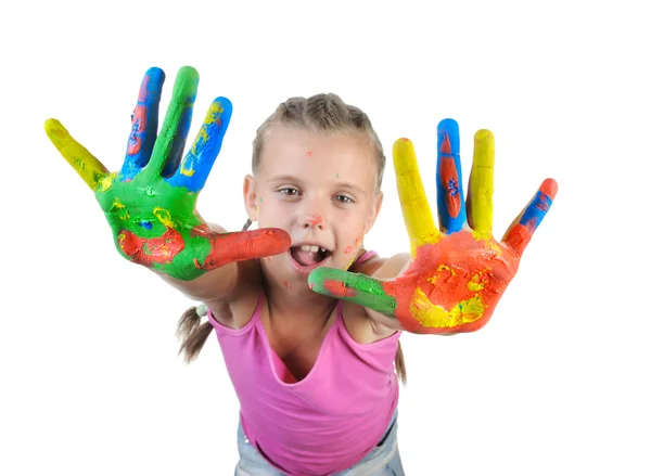 Girl with the palms painted by a paint. — Stock Photo, Image