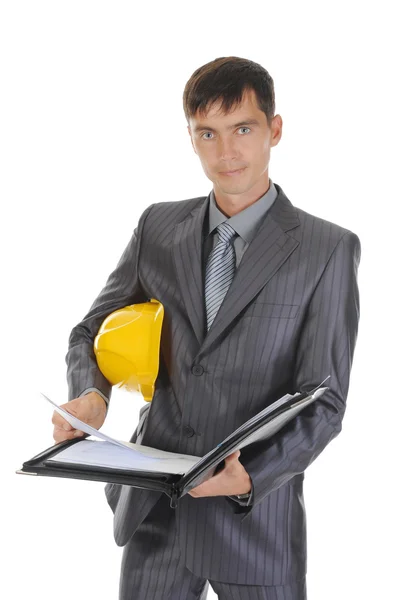 Empresário com capacete de construção — Fotografia de Stock