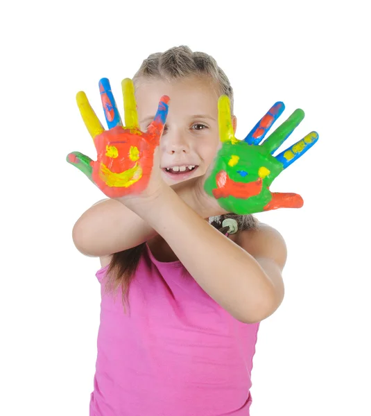 Flicka med handflatorna målade av en färg. — Stockfoto