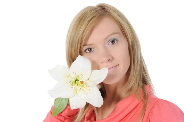 Kvinna med lily i handen — Stockfoto