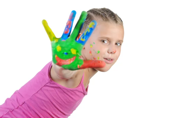 Flicka med handflatorna målade av en färg. — Stockfoto