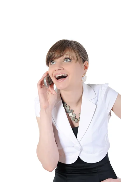 Boldog mosolygó fiatal nő beszél a telefonon. — Stock Fotó
