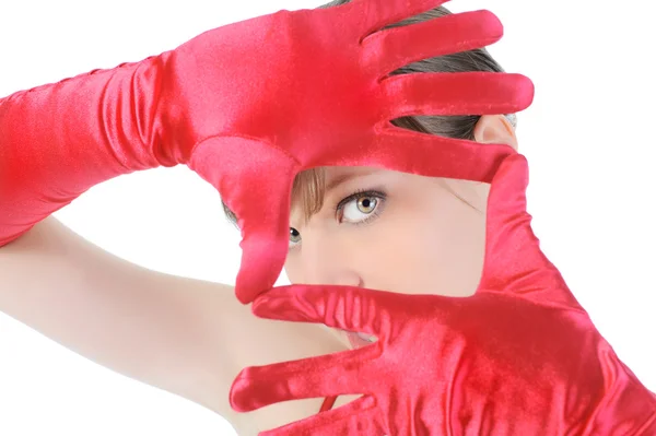 Portrait of a beautiful girl in the red gloves. — Stock Photo, Image