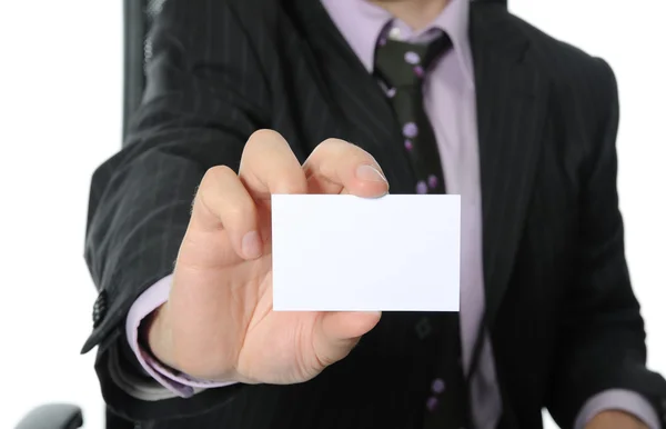 Üzletember átadása egy üres névjegykártya — 스톡 사진
