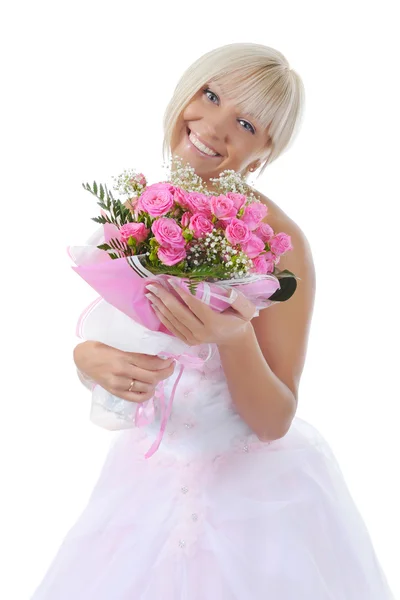 꽃다발과 함께 행복 한 신부 스톡 사진