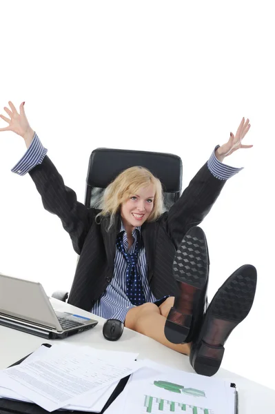 Cheerful blonde in male suit — Stock Photo, Image